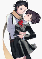 Rule 34 | 1boy, 1girl, arms around waist, belt, black eyes, black jacket, black skirt, bow, bowtie, brown belt, brown hair, collared shirt, cowboy shot, gekkoukan high school uniform, grey background, hair ornament, hairclip, hands on own hips, height difference, highres, jacket, light smile, long sleeves, looking at another, mochizuki ryouji, parted lips, persona, persona 3, red bow, red bowtie, red eyes, scarf, school uniform, shiomi kotone, shirt, short hair, simple background, skirt, suspenders, uxco0, white shirt, yellow scarf