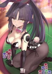 Rule 34 | 1girl, animal ears, ass, bare shoulders, black hair, black leotard, blush, bow, bowtie, breasts, casino, cleavage, collarbone, detached collar, fake animal ears, fate/grand order, fate (series), fishnet pantyhose, fishnets, high ponytail, highleg, highleg leotard, joints, katou danzou (fate), kesoshirou, large breasts, leaning forward, leotard, long hair, looking at viewer, mechanical arms, open mouth, pantyhose, parted bangs, pink bow, pink bowtie, playboy bunny, poker chip, poker table, ponytail, rabbit ears, rabbit girl, rabbit tail, robot joints, seiza, sidelocks, single mechanical arm, sitting, solo, strapless, strapless leotard, table, tail, thighs, wrist cuffs, yellow eyes