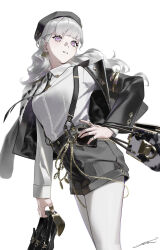 Rule 34 | 1girl, absurdres, bag, beret, black jacket, black nails, black necktie, black shorts, chain, cropped legs, earrings, gold chain, grey pantyhose, hand on own hip, handbag, hat, highres, holding, holding shoes, jacket, jewelry, leather, long hair, looking at viewer, mole, mole under eye, necktie, original, overall shorts, overalls, pantyhose, purple eyes, rasa k, ring, shirt, shoes, shorts, wavy hair, white background, white hair, white shirt