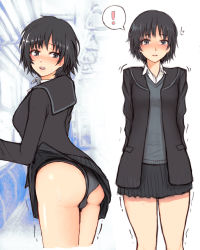 Rule 34 | !, 1girl, ^^^, absurdres, amagami, ass, black cardigan, black eyes, black hair, black panties, blush, bngl0121, cardigan, clothes lift, commentary, cowboy shot, dress shirt, grey sweater vest, highres, kibito high school uniform, looking at viewer, multiple views, nanasaki ai, nose blush, open cardigan, open clothes, open mouth, panties, parted lips, pleated skirt, school uniform, shirt, short hair, skirt, skirt lift, speech bubble, spoken exclamation mark, standing, sweat, sweater vest, train interior, trembling, underwear, white shirt