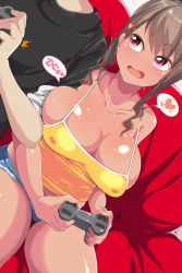 Rule 34 | 1boy, 1girl, bare shoulders, breasts, brown hair, cleavage, controller, game controller, gamepad, heart, highres, kurorettsu, large breasts, long hair, original, pink eyes, playing games, shiny skin, short shorts, shorts, smile, tan, thighs, translation request