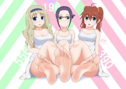 Rule 34 | 10s, 3girls, ahoge, barefoot, blonde hair, blue eyes, blue hair, blush, breasts, brown hair, cleavage, darling in the franxx, feet, foot focus, glasses, green eyes, hairband, ikuno (darling in the franxx), kokoro (darling in the franxx), large breasts, long hair, looking at viewer, miku (darling in the franxx), multiple girls, parted lips, pov, renri (nknk4ag), soles, toes, twintails, wavy hair