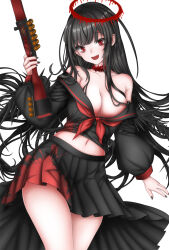 Rule 34 | 1girl, :d, bare shoulders, black hair, black nails, black serafuku, blood, blood halo, blue archive, breasts, cleavage, clothes pull, commentary request, crop top, fang, gun, halo, hand up, happy, highres, hip focus, holding, holding gun, holding weapon, liquid halo, long hair, long sleeves, looking back, medium breasts, melting halo, midriff, miniskirt, nail polish, navel, no bra, off shoulder, open mouth, red eyes, red halo, school uniform, serafuku, shirt pull, shotgun, shotgun shell, simple background, skirt, smile, solo, standing, sturm (arowana kingyo), thighs, tsurugi (blue archive), very long hair, weapon, white background