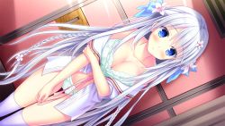 Rule 34 | 1girl, blue bow, blue eyes, blush, bow, bra, braid, breasts, cleavage, closed mouth, collarbone, dress shirt, dutch angle, floating hair, flower, frown, game cg, hair between eyes, hair bow, hair flower, hair ornament, kneehighs, large breasts, lilium (lilium wedding plan), lilium wedding plan, long hair, looking at viewer, official art, open clothes, open shirt, panties, pink ribbon, ribbon, sesena yau, shirt, silver hair, socks, solo, standing, thigh gap, underwear, very long hair, white bra, white flower, white panties, white shirt, white socks