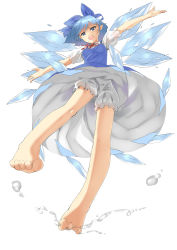 Rule 34 | 1girl, barefoot, bloomers, blue eyes, blue hair, bow, cirno, feet, female focus, from below, full body, hair bow, highres, ice, ice wings, matching hair/eyes, open mouth, solo, toes, touhou, underwear, white bloomers, wings, zhu fun