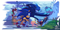 Rule 34 | 3boys, absurdres, animal ears, animal nose, barrel, blue fur, chip (sonic), clenched hand, closed mouth, cloud, commentary, day, full body, furry, furry male, gloves, green eyes, highres, male focus, multiple boys, outdoors, red footwear, running, shoes, smile, sonic (series), sonic the hedgehog, sonic the werehog, sonic unleashed, supsross, tail, twitter username, white gloves, windmill, wings