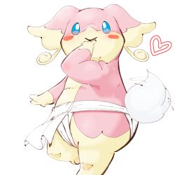Rule 34 | 1girl, :&gt;, absurdres, animal ears, animal feet, audino, blue sclera, blush, blush stickers, body fur, closed mouth, clothed pokemon, colored sclera, creatures (company), female focus, flat chest, from side, fundoshi, furry, furry female, game freak, gen 5 pokemon, hand to own mouth, hand up, happy, heart, highres, japanese clothes, leg up, loincloth, looking up, motion lines, nintendo, pink fur, pokemon, pokemon (creature), red leopard, simple background, smile, solo, standing, standing on one leg, sweat, tail, tail wagging, topless, two-tone fur, white background, white eyes, yellow fur
