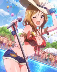 Rule 34 | 10s, 1girl, ;d, armlet, artist request, audience, badge, balloon, blush, breasts, brown hair, cleavage, cowboy hat, cuffs, cutoffs, denim, denim shorts, fingernails, fringe trim, front-tie top, hat, idolmaster, idolmaster million live!, lens flare, long fingernails, looking at viewer, microphone, microphone stand, momose rio, navel, official art, one eye closed, open mouth, pool, purple eyes, sheriff badge, shiny skin, shirt, short shorts, shorts, smile, tied shirt, wink, wrist cuffs