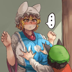 Rule 34 | ..., 2girls, animal ears, animal hat, blush, breasts, bright pupils, brown hair, cat ears, chanta (ayatakaoisii), chen, closed mouth, dress, embarrassed, fox ears, green hat, grey background, groping, hands up, hat, huge breasts, long sleeves, looking at another, mob cap, multiple girls, red vest, shirt, short hair, slit pupils, spoken ellipsis, standing, sweat, tabard, touhou, vest, white dress, white hat, white headwear, white shirt, yakumo ran