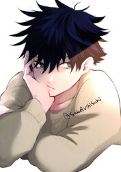 Rule 34 | 1boy, black hair, blue eyes, closed mouth, commentary request, fushiguro megumi, hair between eyes, hand on own cheek, hand on own face, hand rest, highres, jujutsu kaisen, long sleeves, male focus, short hair, simple background, solo, spiked hair, sweater, twitter username, white background, youjo (kurukuru9696)