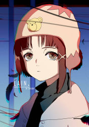 Rule 34 | 1girl, absurdres, asymmetrical hair, brown eyes, brown hair, character name, closed mouth, coat, daylight919, glitch, hair ornament, hairclip, hat, highres, iwakura lain, jacket, looking at viewer, pink coat, serial experiments lain, short hair, solo