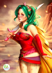 Rule 34 | 1990s (style), 1girl, artist name, bare shoulders, breasts, cape, cleavage, detached sleeves, didi esmeralda, embers, final fantasy, final fantasy vi, green hair, looking at viewer, over shoulder, solo, sword, tina branford, weapon, weapon over shoulder