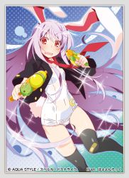 Rule 34 | 1girl, animal ears, bandaid, black thighhighs, blazer, blush, border, crescent, crescent pin, dual wielding, fang, highres, holding, jacket, light purple hair, long hair, looking at viewer, necktie, no pants, one-piece swimsuit, open mouth, rabbit ears, rabbit girl, rabbit tail, red eyes, reisen udongein inaba, school swimsuit, solo, sparkle, surprised, swimsuit, tail, thighhighs, touhou, very long hair, watanabe akio, water gun, wavy mouth, white one-piece swimsuit, white school swimsuit, wide-eyed