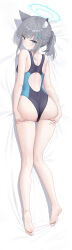 Rule 34 | 1girl, absurdres, animal ear fluff, animal ears, ass, ass grab, backless swimsuit, bare shoulders, barefoot, bed sheet, black one-piece swimsuit, blue archive, blue eyes, blue halo, blue one-piece swimsuit, commentary request, competition swimsuit, cross, cross hair ornament, dakimakura (medium), full body, grabbing own ass, grey hair, hair ornament, halo, highleg, highleg swimsuit, highres, inverted cross, kneepits, looking at viewer, lying, mismatched pupils, multicolored clothes, multicolored swimsuit, muwei sansan, official alternate costume, official alternate hairstyle, on bed, on stomach, one-piece swimsuit, shiroko (blue archive), shiroko (swimsuit) (blue archive), short hair, short ponytail, solo, swimsuit, toes, wolf ears, wolf girl
