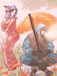 Rule 34 | 1boy, 1girl, ainu, ainu clothes, alternate costume, animal ears, arisaka, ass, beard, black hair, bolt action, breasts, buzz cut, chest hair, facial hair, facial scar, fox ears, fox girl, fox tail, full body, golden kamuy, gun, holding, holding gun, holding weapon, inkarmat, japanese clothes, kemonomimi mode, kimono, large breasts, large tail, nopinzo, pectoral cleavage, pectorals, red kimono, rifle, sandals, scar, scar on cheek, scar on face, scarf, short hair, sideburns, sketch background, smile, tail, tanigaki genjirou, thick eyebrows, unfinished, very short hair, weapon, white scarf, zouri