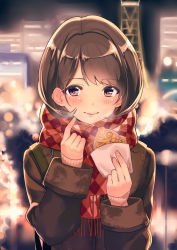 Rule 34 | 1girl, argyle, argyle clothes, argyle scarf, bag, blurry, blurry background, blush, bokeh, brown hair, building, city, depth of field, enpera, finger to cheek, food, fringe trim, holding, holding food, kinugasa yuuichi, long hair, long sleeves, looking at viewer, night, original, outdoors, parted lips, pink lips, red eyes, red scarf, scarf, shoulder bag, sleeves rolled up, smile, solo, swept bangs, taiyaki, upper body, wagashi
