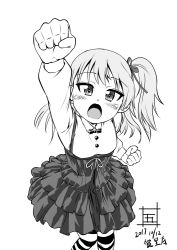 Rule 34 | 10s, 1girl, arm up, artist name, bow, bowtie, casual, character name, clenched hand, collared shirt, commentary, cowboy shot, dated, foreshortening, girls und panzer, goshaku tama, greyscale, hair ribbon, high-waist skirt, layered skirt, long hair, long sleeves, looking at viewer, medium skirt, monochrome, music, one-hour drawing challenge, pantyhose, parted lips, raised fist, ribbon, shimada arisu, shirt, side ponytail, signature, singing, skirt, solo, standing, striped clothes, striped pantyhose, suspender skirt, suspenders