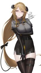 Rule 34 | &gt;:(, 1girl, absurdres, arknights, black bow, black gloves, black skirt, bow, breasts, brown eyes, brown hair, brown thighhighs, closed mouth, commentary request, elbow gloves, gloves, grey shirt, hair bow, highres, horns, ikasamahideo, large breasts, long hair, looking at viewer, meteorite (arknights), parted bangs, puffy short sleeves, puffy sleeves, shirt, short sleeves, signature, simple background, skirt, solo, thighhighs, translation request, v-shaped eyebrows, very long hair, white background