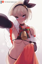 Rule 34 | 1girl, armpits, backlighting, bea (pokemon), bell, bikini, black bikini, black gloves, blush, bow, breasts, capelet, choker, closed mouth, covered erect nipples, creatures (company), dark-skinned female, dark skin, elbow gloves, english text, fingerless gloves, frown, fur-trimmed capelet, fur trim, game freak, gloves, gradient background, grey eyes, grey hair, gym leader, hair between eyes, hairband, jingle bell, looking at viewer, medium breasts, nanoless, nintendo, pokemon, pokemon swsh, red capelet, snowflakes, solo, swimsuit