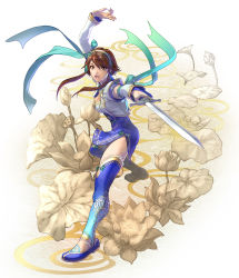 Rule 34 | 1girl, absurdres, breasts, brown eyes, brown hair, chai xianghua, china dress, chinese clothes, cleavage, detached sleeves, dress, fighting stance, flower, full body, hairband, highres, holding, holding sword, holding weapon, jian (weapon), kawano takuji, long hair, looking at viewer, lotus, medium breasts, official art, open mouth, ribbon, shoes, simple background, smile, solo, soul calibur, soulcalibur, soulcalibur vi, sword, thighhighs, weapon, white background, zettai ryouiki
