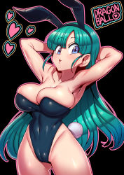 Rule 34 | 1girl, animal ears, black background, black leotard, blue eyes, blue hair, breasts, bulma, cameltoe, cleavage, copyright name, covered navel, curvy, detached collar, dragon ball, fake animal ears, fake tail, highleg, highleg leotard, highres, large breasts, leotard, light blue hair, lips, long hair, looking at viewer, playboy bunny, rabbit ears, rabbit tail, shiny skin, simple background, solo, strapless, strapless leotard, tail, tukiwani, very long hair, wide hips