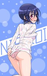 Rule 34 | 1girl, ass, text background, blue background, blue hair, blush, bralines, copyright name, cowboy shot, crotch seam, dress shirt, embarrassed, from behind, frown, k10k, long sleeves, looking at viewer, looking back, mole, mole under eye, nisekoi, open mouth, panties, polka dot, polka dot background, red eyes, see-through, shirt, shirt tug, short hair, solo, standing, tsugumi seishirou, underwear, wet, wet clothes, wet shirt, white panties