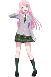 Rule 34 | 1girl, bang dream!, bang dream! it&#039;s mygo!!!!!, black footwear, blazer, blush, breasts, chihaya anon, collared shirt, diagonal-striped clothes, diagonal-striped necktie, full body, green necktie, green skirt, green socks, grey eyes, grey jacket, hand up, haneoka school uniform, head tilt, highres, jacket, kneehighs, loafers, long hair, long sleeves, looking at viewer, necktie, official art, open mouth, pink hair, plaid, plaid skirt, pleated skirt, school uniform, shirt, shoes, short hair, simple background, skirt, small breasts, socks, solo, striped clothes, tachi-e, teeth, transparent background, upper teeth only, v, white shirt