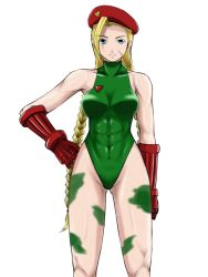 Rule 34 | 1girl, abs, beret, blonde hair, braid, breasts, cammy white, capcom, hat, highres, large breasts, leotard, muscular, scar, sei15, solo, street fighter