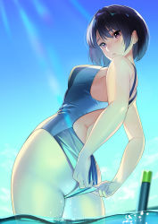 Rule 34 | 1girl, absurdres, adjusting clothes, adjusting swimsuit, ass, black hair, blurry, blush, breasts, commentary request, competition swimsuit, depth of field, from below, highres, in water, kagematsuri, looking down, medium breasts, one-piece swimsuit, original, purple eyes, short hair, sideboob, snorkel, solo, swimsuit, twitter username, wading