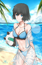 Rule 34 | 1girl, absurdres, artist name, bare arms, bare shoulders, beach, bikini, black bikini, black hair, blue bikini, blue eyes, bow, bow bikini, breasts, cleavage, cloud, commentary request, dated, day, highres, holding, medium breasts, navel, outdoors, see-through, shiina mayuri, short hair, smile, solo, steins;gate, swimsuit, unique (pixiv12704744), water