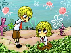 Rule 34 | 1boy, 1girl, animification, bad id, bad pixiv id, blonde hair, blue eyes, bubble, clover, dual persona, freckles, gender request, genderswap, jellyfish, necktie, nyo (couch tomato), personification, short hair, spongebob squarepants, spongebob squarepants (series), underwater