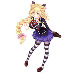 Rule 34 | 1girl, :d, arms behind back, bag, blonde hair, bow, braid, breasts, date a live, hair bow, hair ribbon, highres, hoshimiya mukuro, large breasts, long hair, looking at viewer, open mouth, pantyhose, ribbon, school bag, school uniform, smile, solo, striped clothes, striped pantyhose, tsubasaki, white background, yellow eyes