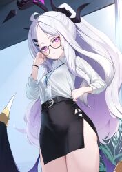 Rule 34 | 1girl, belt, bespectacled, blue archive, glasses, hair ornament, hairclip, highres, hina (blue archive), horns, indoors, long hair, long sleeves, looking at viewer, office lady, purple eyes, rui rubellent, shirt, skirt, solo, tagme, thighs, white hair, white shirt, wings