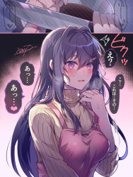 Rule 34 | 1girl, ame mochi, apron, baking, blush, bow, breasts, chocolate, cutting, doki doki literature club, hair ornament, hairclip, heart, large breasts, long hair, looking at viewer, medium breasts, purple eyes, purple hair, scar, self-harm, signature, spoken heart, surprised, sweater, translated, turtleneck, turtleneck sweater, yandere, yuri (doki doki literature club)