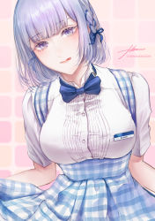 Rule 34 | 1girl, alternate costume, apron, bad id, bad pixiv id, blue apron, blue bow, blue bowtie, bow, bowtie, braid, breasts, checkered apron, checkered clothes, commission, employee uniform, filha, gingham, gingham apron, girls&#039; frontline, high-waist skirt, highres, kobeya, kobeya uniform, large breasts, plaid, plaid apron, purple eyes, rpk-16 (girls&#039; frontline), shirt, short hair, short sleeves, side braid, silver hair, simple background, skeb commission, skirt, solo, uniform, upper body, waitress, white background, white shirt