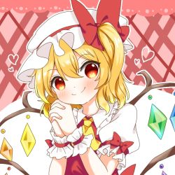 Rule 34 | 1girl, ascot, blonde hair, blush, border, checkered background, flandre scarlet, gloves, hair between eyes, hand on own cheek, hand on own face, hat, hat ribbon, head tilt, heart, interlocked fingers, lace, lace border, looking at viewer, mob cap, natsune ilasuto, one side up, ornate border, own hands clasped, own hands together, pink background, puffy short sleeves, puffy sleeves, ribbon, shirt, short hair, short sleeves, smile, solo, touhou, two-tone background, upper body, white background, white gloves, white hat, white shirt, wings, wrist cuffs, yellow ascot