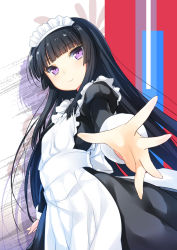 Rule 34 | 1girl, 47agdragon, android, apron, black dress, black hair, dress, grudge breaker, highres, hime cut, juliet sleeves, long hair, long sleeves, looking at viewer, maid, maid apron, maid headdress, official art, original, outstretched hand, puffy sleeves, purple eyes, smile, solo, very long hair