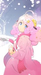 Rule 34 | 1girl, animal ears, bad id, bad twitter id, blue eyes, blush, commentary request, curled horns, curly hair, from behind, hair ornament, highres, horns, jacket, koyoi mitsuki, long hair, long sleeves, looking at viewer, looking back, moa (show by rock!!), pink hair, pink jacket, pink scarf, scarf, sheep ears, sheep horns, show by rock!!, snow, solo, standing