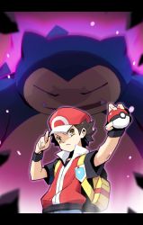 Rule 34 | 1boy, 1other, backpack, bag, baseball cap, black hair, child, closed mouth, commentary request, creatures (company), game freak, gen 1 pokemon, glowing, hat, holding, holding poke ball, jacket, kabigon, male focus, nintendo, poke ball, poke ball (basic), pokemon, pokemon (creature), pokemon frlg, red (pokemon), red headwear, red jacket, shirt, short hair, snorlax, spiked hair