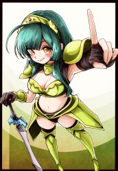 Rule 34 | 1girl, ahoge, alternate costume, arm up, armor, armored boots, asymmetrical gloves, bikini armor, black gloves, blunt bangs, blush, boots, breasts, brown background, cleavage, closed mouth, commentary request, faulds, fingerless gloves, foreshortening, from above, gloves, green armor, green background, green hair, hand on hilt, highres, long hair, looking at viewer, medium breasts, mismatched gloves, multicolored background, natsu tuna, navel, orange eyes, pauldrons, planted, planted sword, planted weapon, pointing, pointing at viewer, shoulder armor, sidelocks, single bracer, single fingerless glove, smile, solo, standing, stomach, sword, thigh boots, tiara, touhoku zunko, voiceroid, weapon, white background