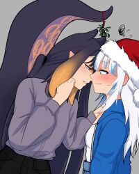 Rule 34 | 2girls, black hair, blue eyes, blue hair, blush, casual, commentary, ear blush, english commentary, eye contact, face-to-face, from side, gawr gura, gradient hair, grey background, hand on another&#039;s shoulder, hat, highres, hololive, hololive english, imminent kiss, long hair, long sleeves, looking at another, mistletoe, mole, mole under eye, multicolored hair, multiple girls, ninomae ina&#039;nis, orange hair, pointy ears, rei ( silvertone), santa hat, squiggle, streaked hair, tentacle hair, tentacles, upper body, virtual youtuber, white hair, yuri