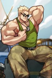 Rule 34 | 1boy, arm behind head, bara, bare pectorals, blonde hair, bulge, camouflage, camouflage pants, clothes pull, creatures (company), dog tags, feet out of frame, game freak, green tank top, jimsdaydreams, large pectorals, looking at viewer, male focus, muscular, muscular male, nintendo, nipple slip, nipples, pants, pectorals, pokemon, pokemon hgss, pulled by self, shirt pull, short hair, solo, sunglasses, surge (pokemon), tank top, thick thighs, thighs
