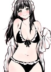 Rule 34 | 1girl, bare shoulders, bikini, black bikini, black hair, blush, breasts, closed mouth, frilled bikini, frills, front-tie bikini top, front-tie top, large breasts, long hair, looking at viewer, maid headdress, navel, original, outline, pink outline, simple background, smile, solo, swimsuit, uekan, white background, yellow eyes