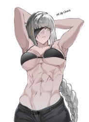 Rule 34 | 1girl, abs, armpits, arms behind back, arms up, belt, black bra, black pants, bra, braid, breasts, character name, commentary, english commentary, eyepatch, girls&#039; frontline, grey hair, highres, large breasts, long braid, long hair, looking to the side, m16a1 (boss) (girls&#039; frontline), m16a1 (girls&#039; frontline), medium breasts, multicolored hair, navel, orange eyes, orange hair, pants, scar, scar across eye, scar on face, scar on stomach, solo, streaked hair, underwear, upper body, white background, yongsadragon