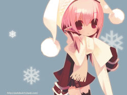 Rule 34 | 1girl, bow, gloves, hat, pink hair, pointy ears, puti devil, red eyes, scarf, snow, snowflakes, solo, wallpaper, watermark