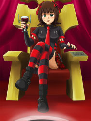 Rule 34 | 1girl, amami haruka, brown hair, crossed legs, cup, drinking glass, elbow gloves, fingerless gloves, gloves, green eyes, highres, idolmaster, idolmaster (classic), lielos, necktie, pinky out, punkish gothic, short hair, sitting, solo, striped clothes, striped thighhighs, thighhighs, throne, wine glass