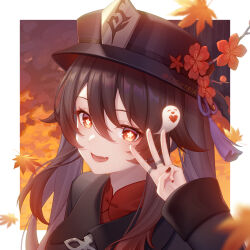 Rule 34 | 1girl, black headwear, blush, boo tao (genshin impact), breasts, brown hair, chinese clothes, flower-shaped pupils, genshin impact, ghost, hu tao (genshin impact), jewelry, lightria, long hair, long sleeves, looking at viewer, open mouth, red eyes, ring, sidelocks, smile, solo, symbol-shaped pupils, twintails