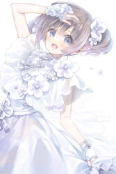 Rule 34 | 1girl, :d, arm up, brown hair, commentary request, dress, ech, fingerless gloves, flower, gloves, hair flower, hair ornament, highres, looking at viewer, open mouth, original, see-through, simple background, smile, solo, two side up, white background, white dress, white flower, white gloves