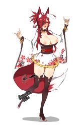 Rule 34 | 1girl, :d, animal ears, black thighhighs, boots, breasts, breasts out, cleavage, double fox shadow puppet, eyepatch, fox ears, fox shadow puppet, fox tail, full body, high heels, highres, japanese clothes, kimono, large breasts, long hair, m/, n0r0, nail polish, nipples, open mouth, original, ponytail, red eyes, red hair, red nails, sash, smile, solo, standing, sweatdrop, tail, thighhighs, toeless footwear