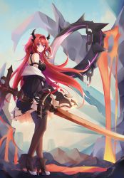 Rule 34 | 1girl, absurdres, arknights, bare shoulders, black dress, collar, demon girl, demon horns, dress, highres, holding, holding weapon, horns, huge filesize, jacket, long hair, looking at viewer, purple eyes, red hair, ryu.o, surtr (arknights), sword, weapon